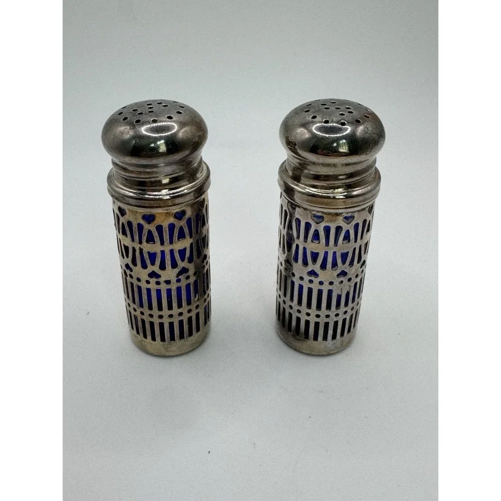 Vtg Silver Cobalt Blue Salt & Pepper Shakers Silver Plate Filigree UK Patent GSA